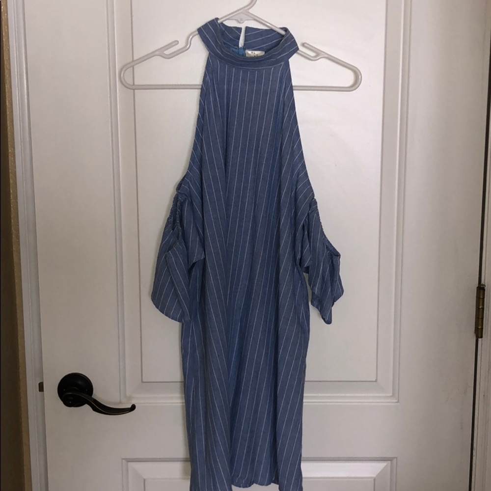 Blue pin stripe exposed shoulder  dress